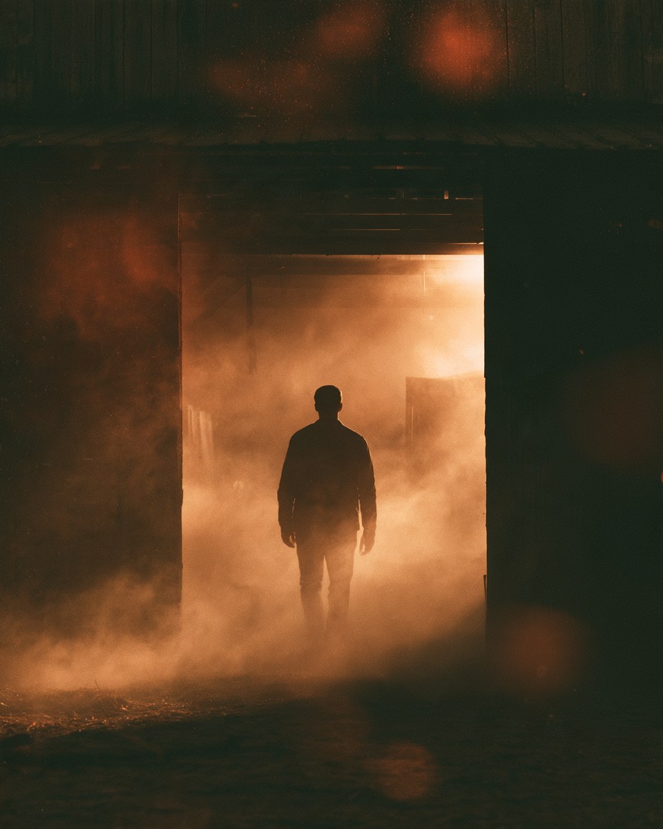 A man standing in the open doorway of a barn, lit from behind by hazy evening light.