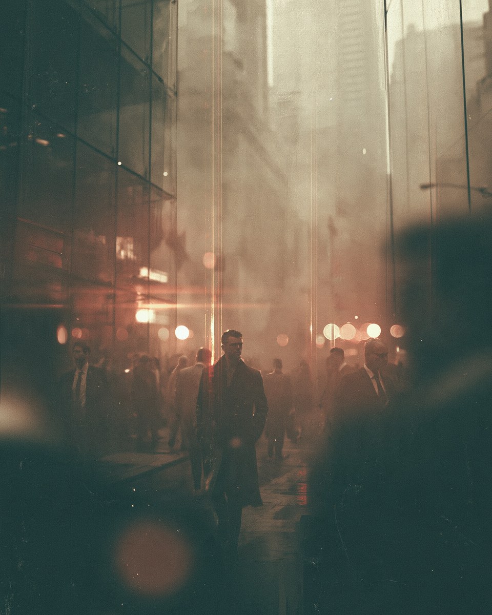 People walking along a city street at dusk, lit by warm storefront light.