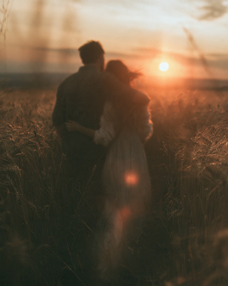 A couple standing close together in a wheat field as the sun sets.