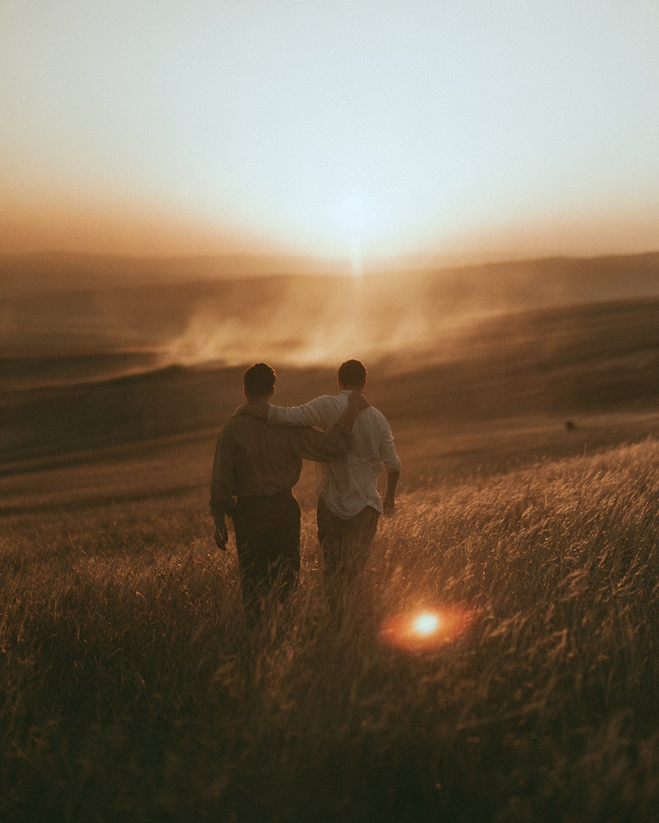 Two friends walking through a sunlit field at dusk, one with an arm around the other.