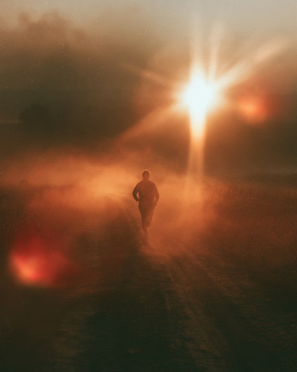 A runner on a dirt road at sunrise, the low sun flaring behind him.